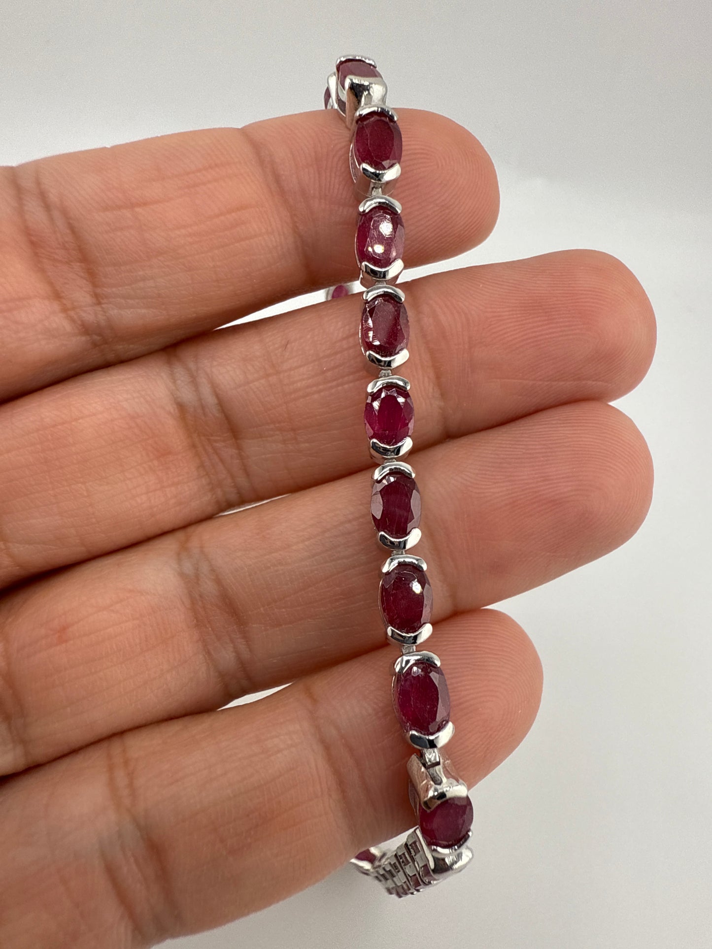 Sterling Silver Oval Bracelet with Glass Filled Ruby
