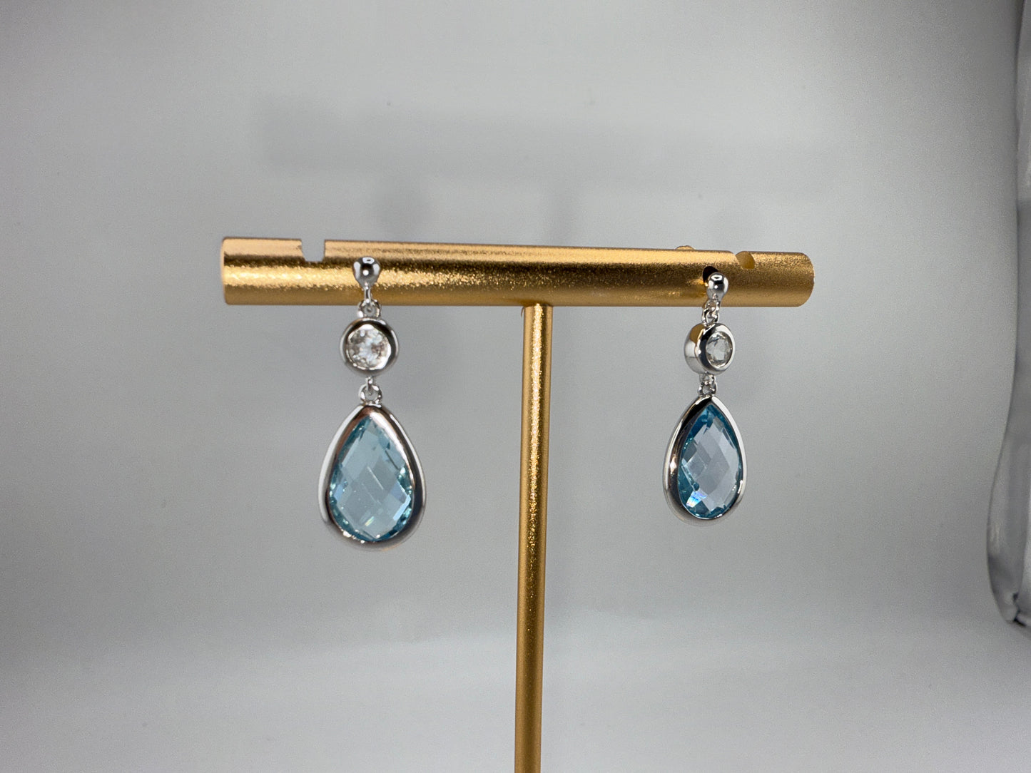 Sterling Silver, White Topaz & Gemstone Teardrop Earrings - Blue Topaz