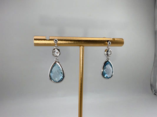 Sterling Silver, White Topaz & Gemstone Teardrop Earrings - Blue Topaz