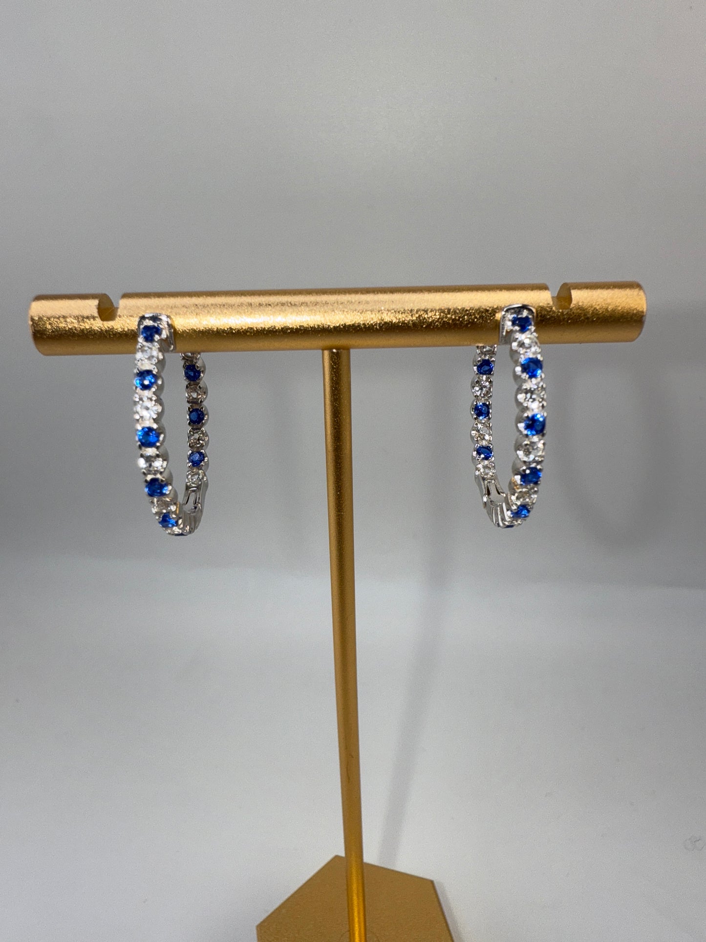 Sterling Silver 3x25mm Hoop Earrings - Created Blue & White Sapphire