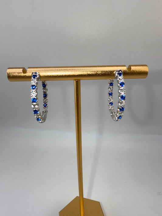 Sterling Silver 3x25mm Hoop Earrings - Created Blue & White Sapphire