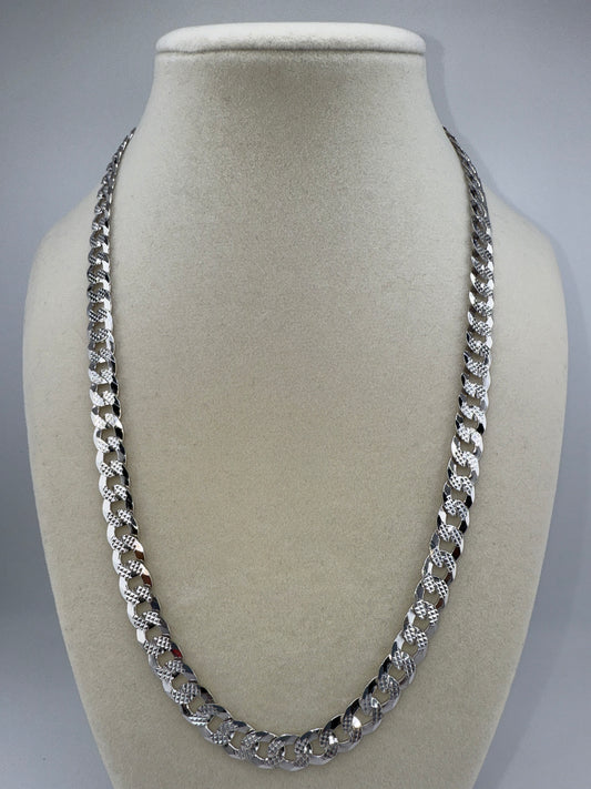 Sterling Silver 20inch 7.5mm Textured & Polished Cuban Chain - Rhodium Plated