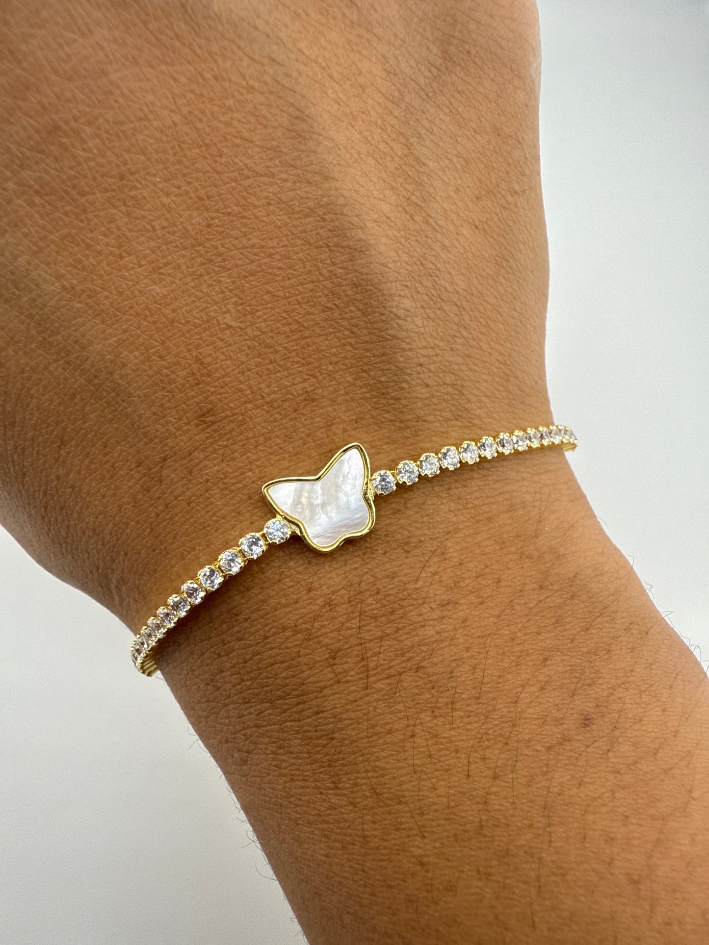 Sterling Silver, Butterfly MOP Center, Zirconia Adjustable Bolo Bracelet - Gold Plated