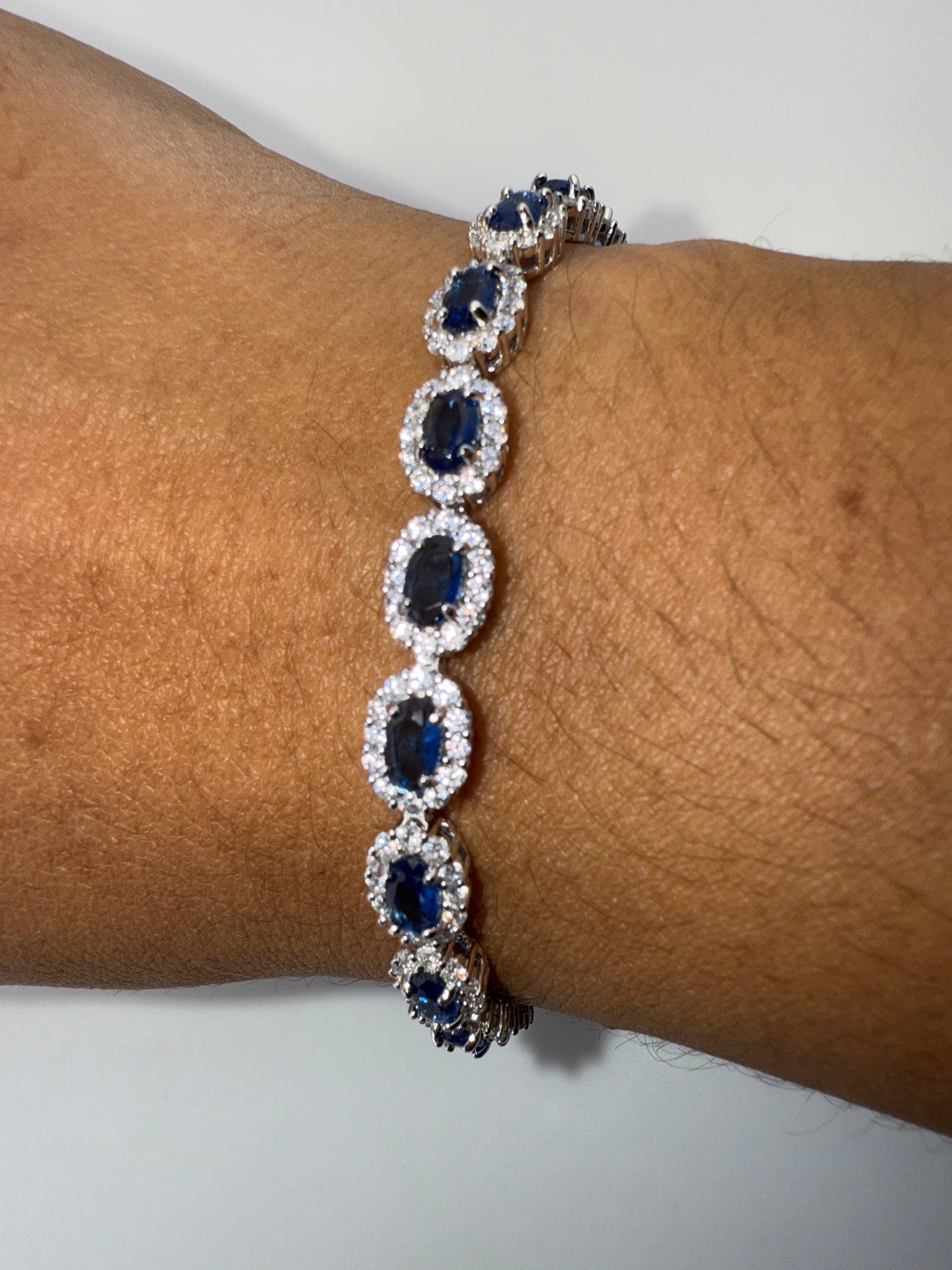 Sterling Silver, Oval Sapphire & White Zirconia Halo Bracelet