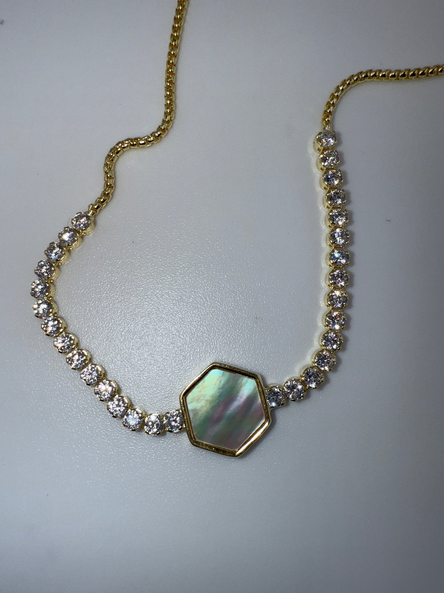 Sterling Silver, Hexagon MOP Center, Zirconia Adjustable Bolo Bracelet - Gold Plated