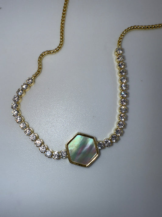 Sterling Silver, Hexagon MOP Center, Zirconia Adjustable Bolo Bracelet - Gold Plated