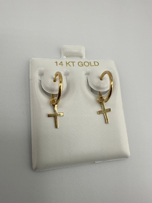 14k Yellow Gold Huggie Earrings with Dangling Crosses