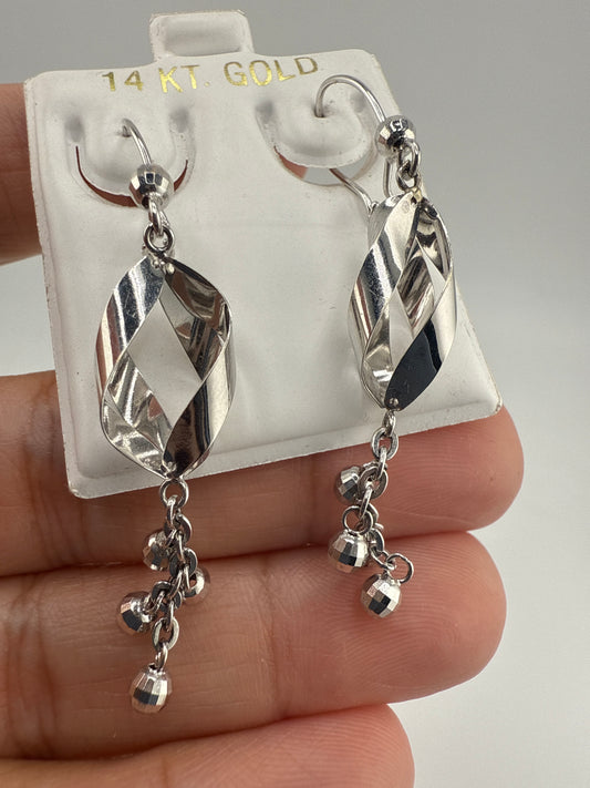 14k White Gold Dangle Huggie Earrings with Disco Ball Details