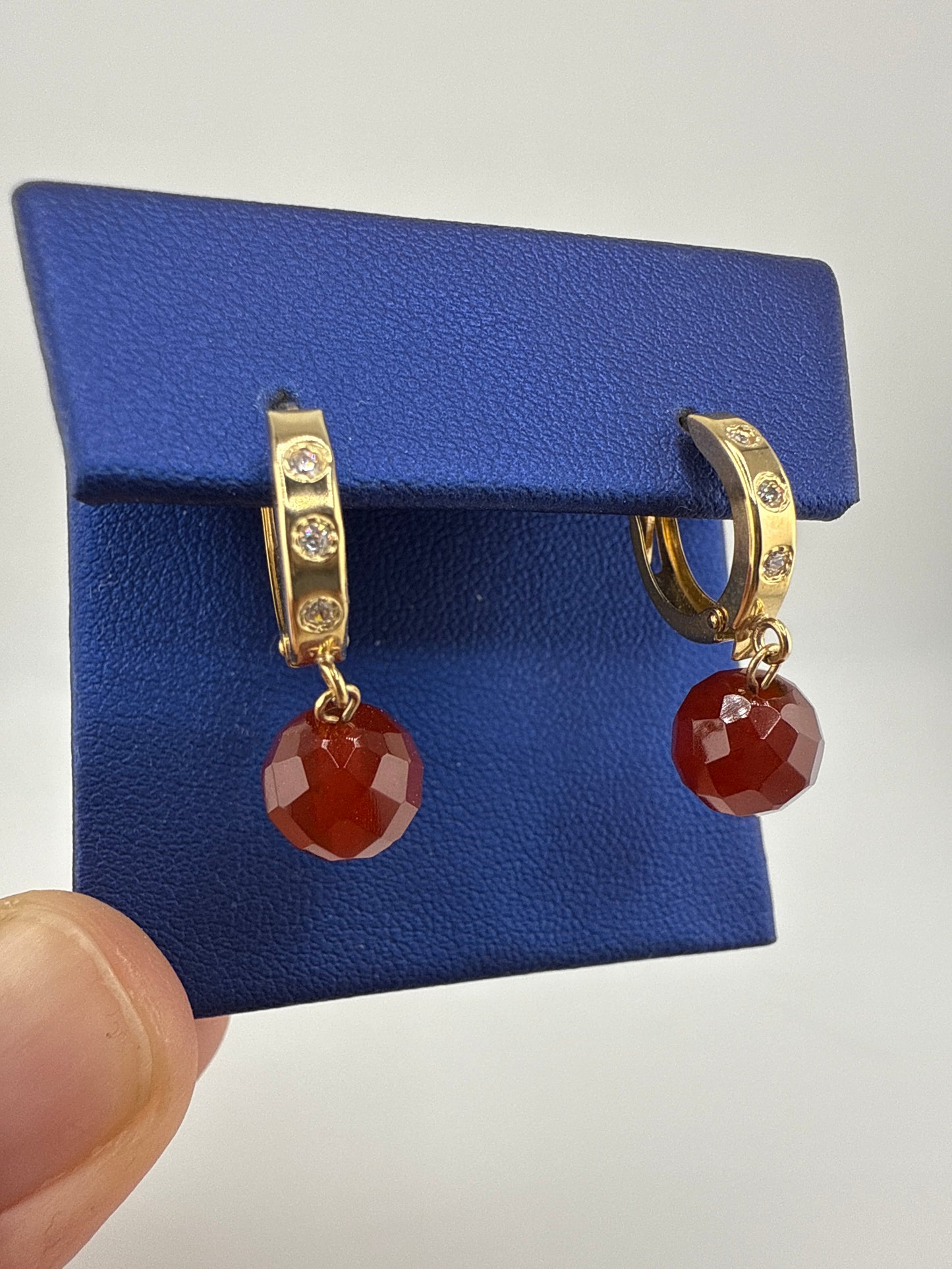 14k Gold and Zirconia Huggie Earrings with Burgundy details