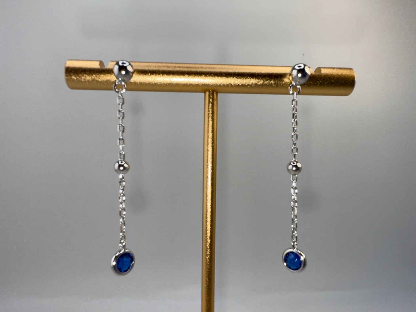 Sterling Silver, Bezel-Set Zirconia and Bead Chain Earrings - Sapphire