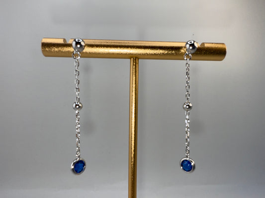 Sterling Silver, Bezel-Set Zirconia and Bead Chain Earrings - Sapphire