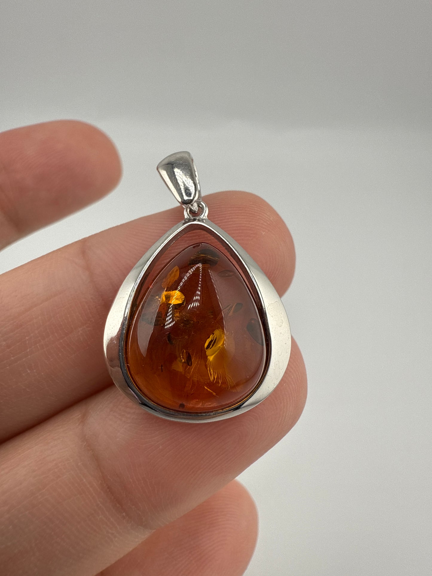 Sterling Silver, Pear shaped Amber Pendant