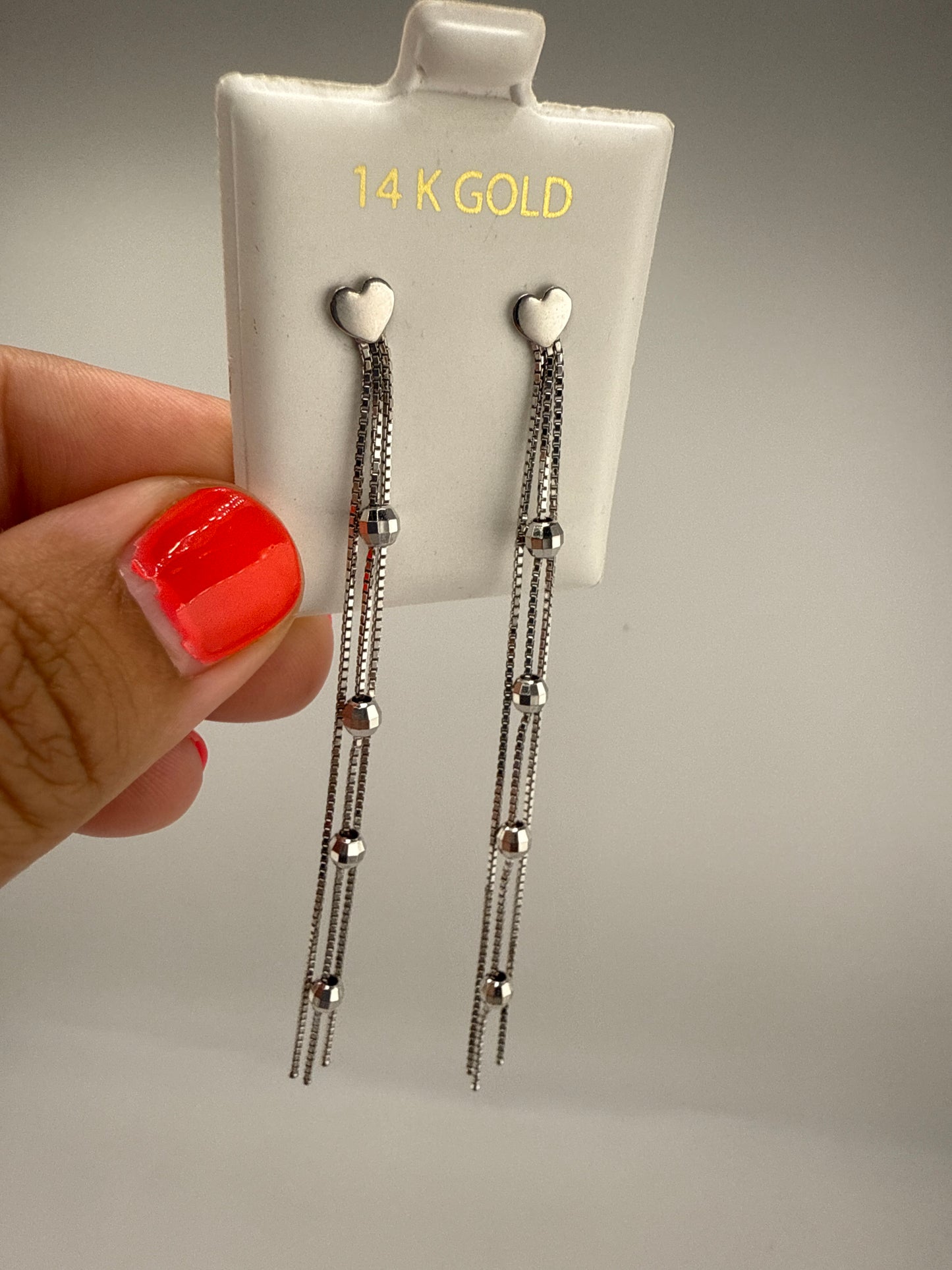 14k White Gold Dangle Post Earrings with heart and disco ball details