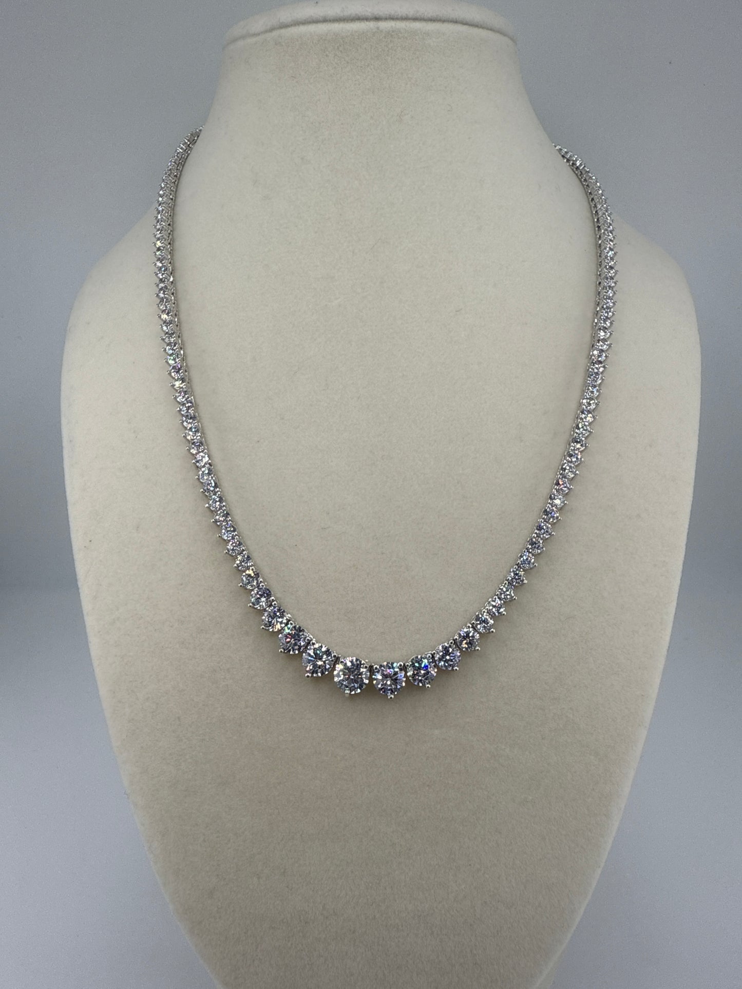 Sterling Silver, Round Zirconia, 3 Prong Tennis Graduating Necklace