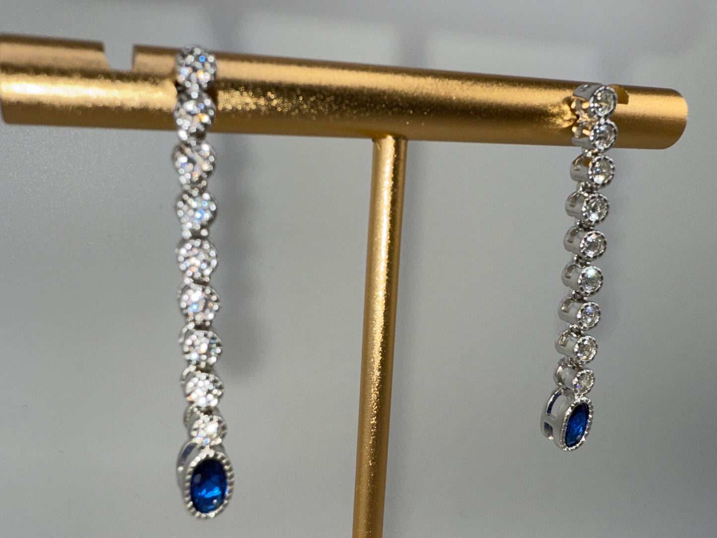 Sterling Silver Beaded Outline Oval & Round Zirconia Earrings - Sapphire