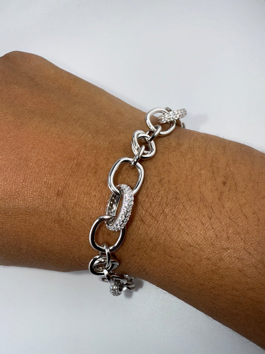 Sterling Silver, Micro Pave Zirconia & Polished Oval Linked Bracelet