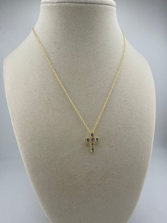 Sterling Silver Gold-tone Zirconia Cross 16 inch Necklace