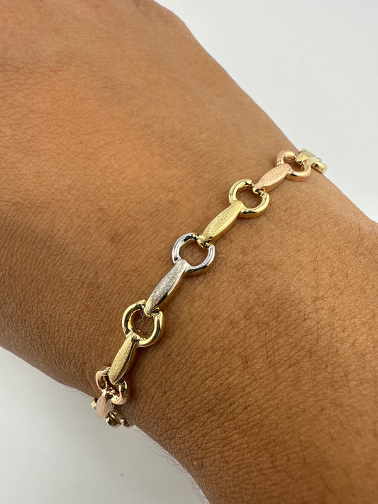 14k gold tri-color open link bracelet | rose gold, yellow gold, white gold | 7 inches