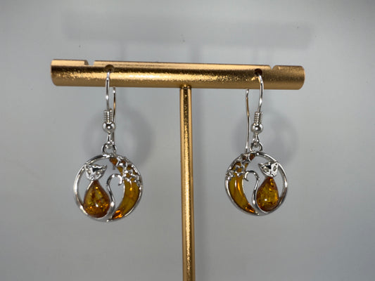 Sterling Silver, Cat & Moon Amber Dangle Earrings
