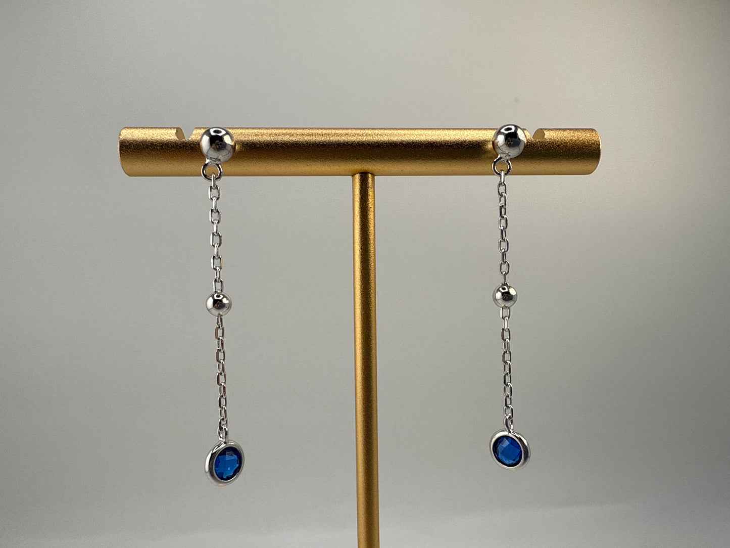 Sterling Silver, Bezel-Set Zirconia and Bead Chain Earrings - Sapphire