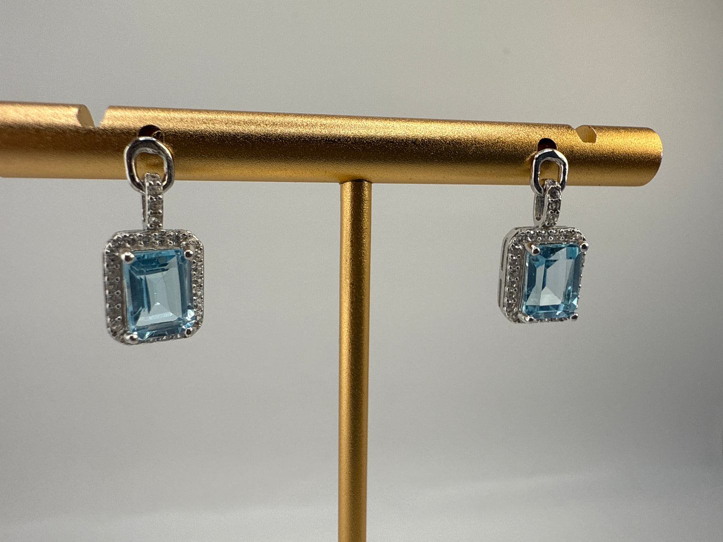 Sterling Silver, Emerald-Cut 5x7 Blue Topaz, White Topaz, Dangle Earrings
