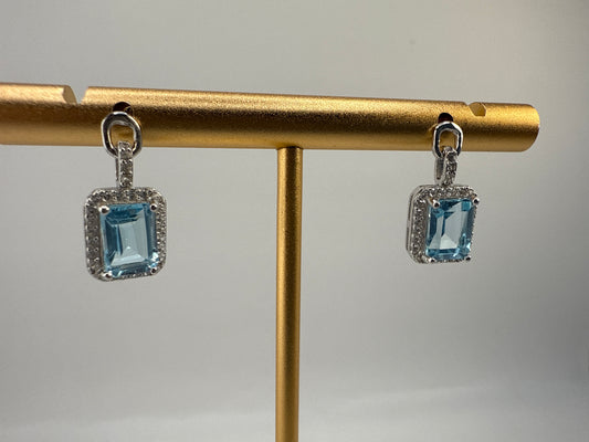 Sterling Silver, Emerald-Cut 5x7 Blue Topaz, White Topaz, Dangle Earrings