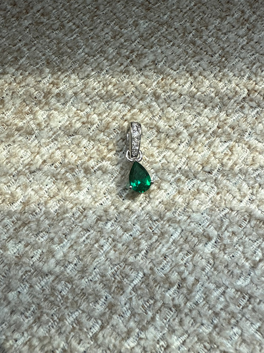 14k White Gold Pear Created Emerald and Diamond Pendant