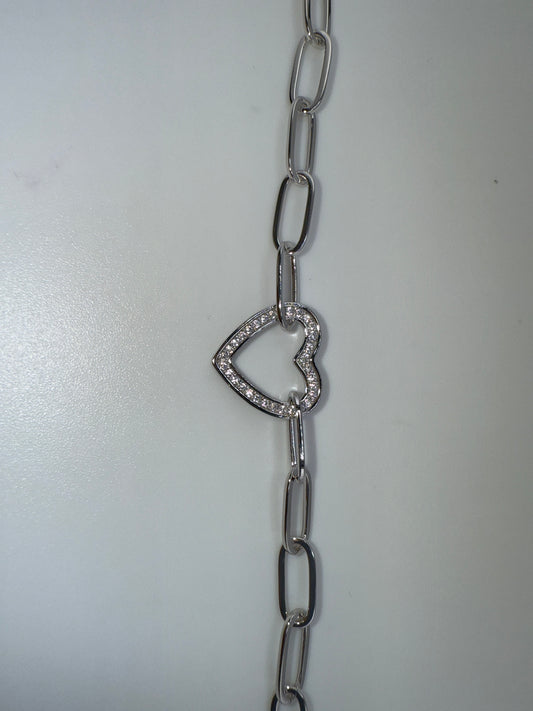 Sterling Silver Zirconia Heart Paperclip Bracelet