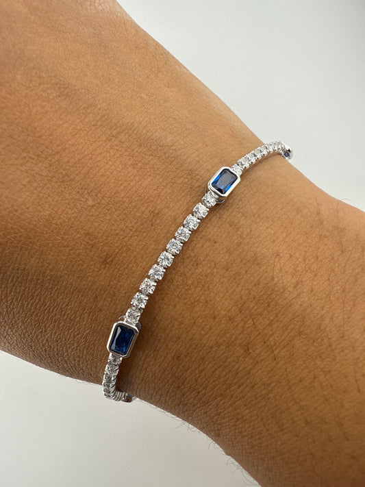 Sterling Silver Rectangle Bezel-set & Round Zirconia Bracelet - Sapphire
