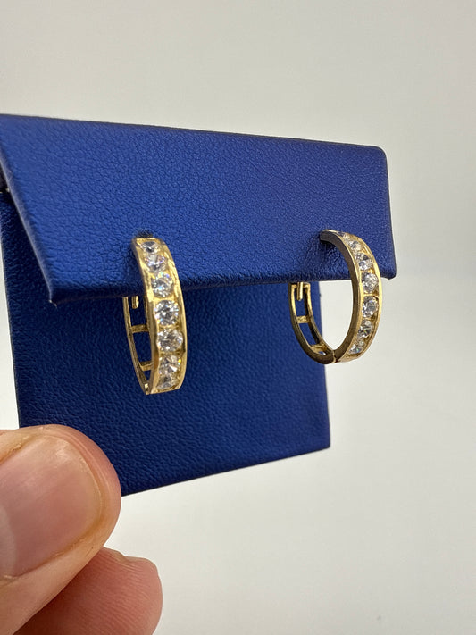 14k yellow gold and zirconia huggie earrings, classy and sparkling