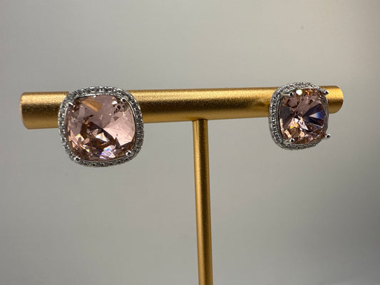 Sterling Silver Zirconia and 10mm Cushion Square Vintage Rose Swarovski Element Earrings