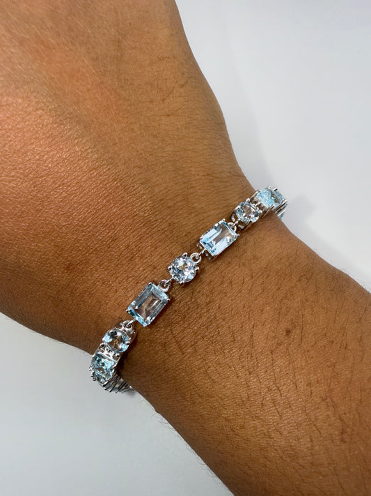 Sterling Silver Round & Emerald-cut Sky Blue Topaz Bracelet