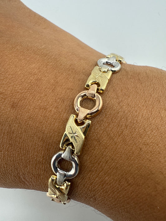 14k tri-color gold XO open link bracelet | yellow gold, rose gold, white gold | star center design | 7.5 inches