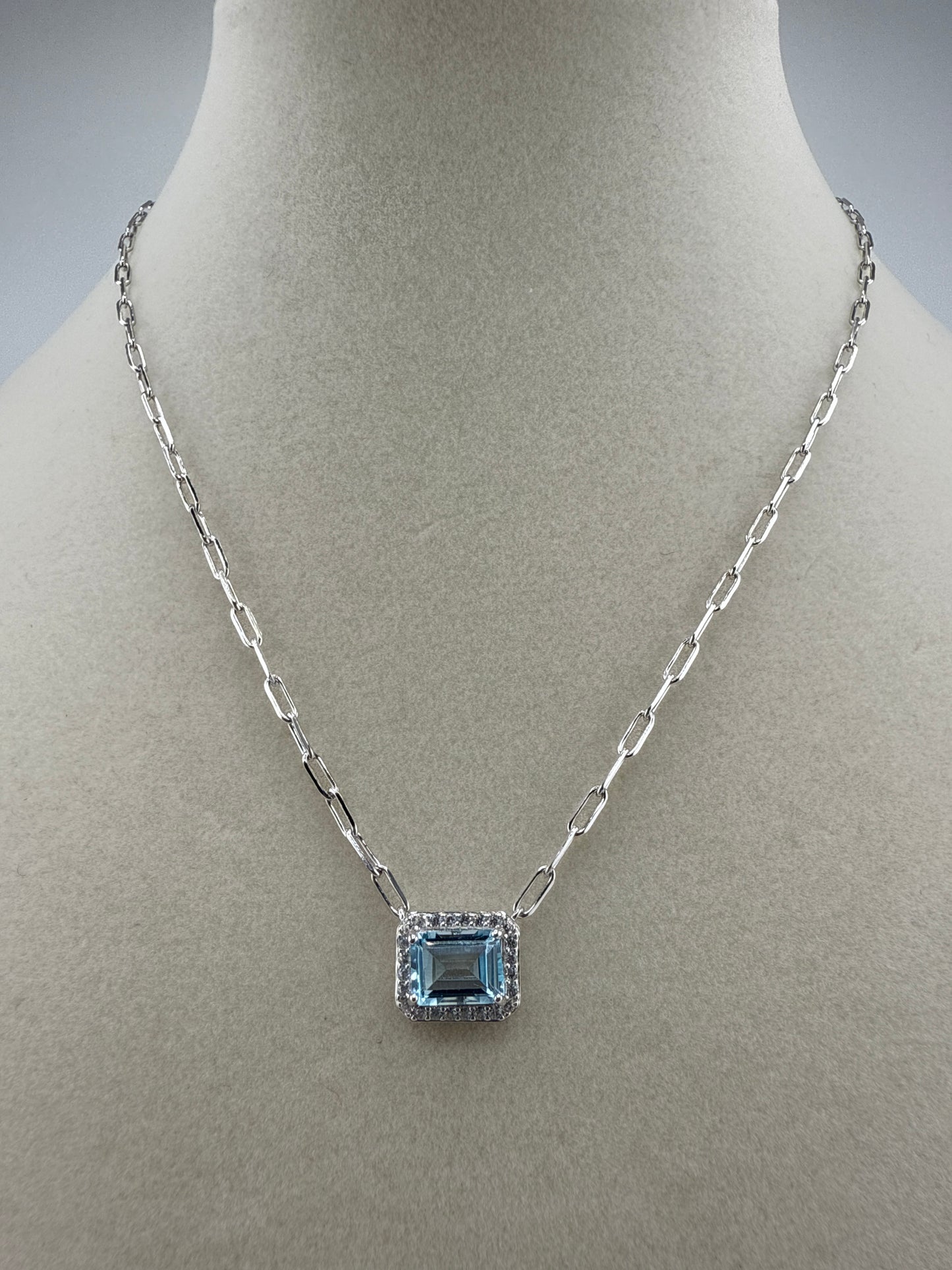Sterling Silver Rectangle 6x8 Blue Topaz, White Topaz Border, Paperclip Necklace