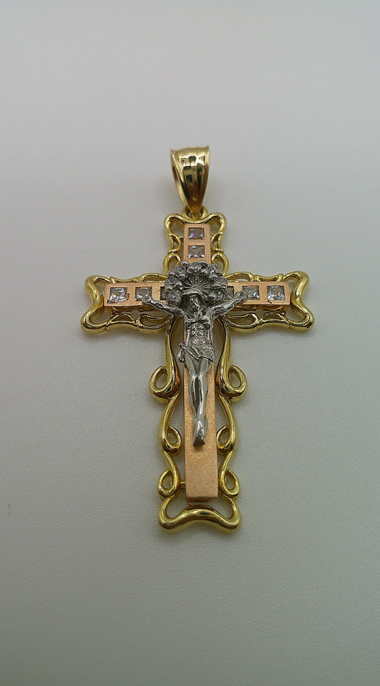 14k gold cross pendant | two-toned crucifix | zirconia | 6.7g