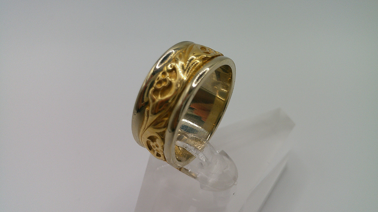 14k gold ring band | two-toned | fancy carved | floral design | size 8