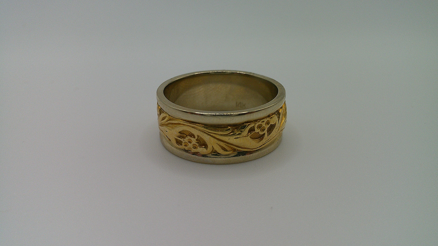 14k gold ring band | two-toned | fancy carved | floral design | size 8