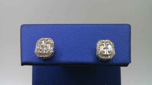 14k white gold diamond earring | baguette and round diamond | rectangle | screwback | 0.45 carat