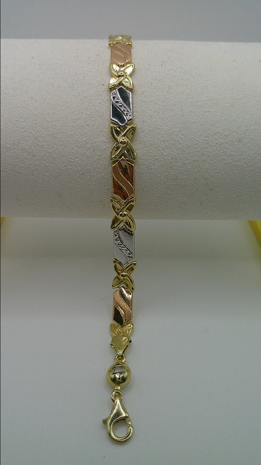 14k gold tri-color XO bracelet | rose gold, yellow gold, white gold | fancy design | 7.25 inches