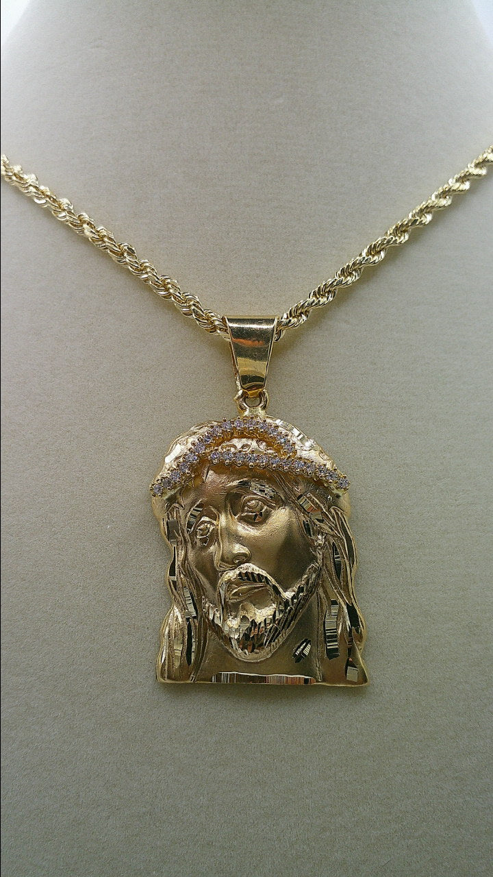 14k gold rope chain with Jesus pendant diamond-set | 24 inches