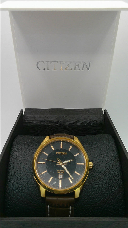 Citizen Watch | Bronze toned stainless steel | black face | Quartz WR 100 | Genuine brown leather