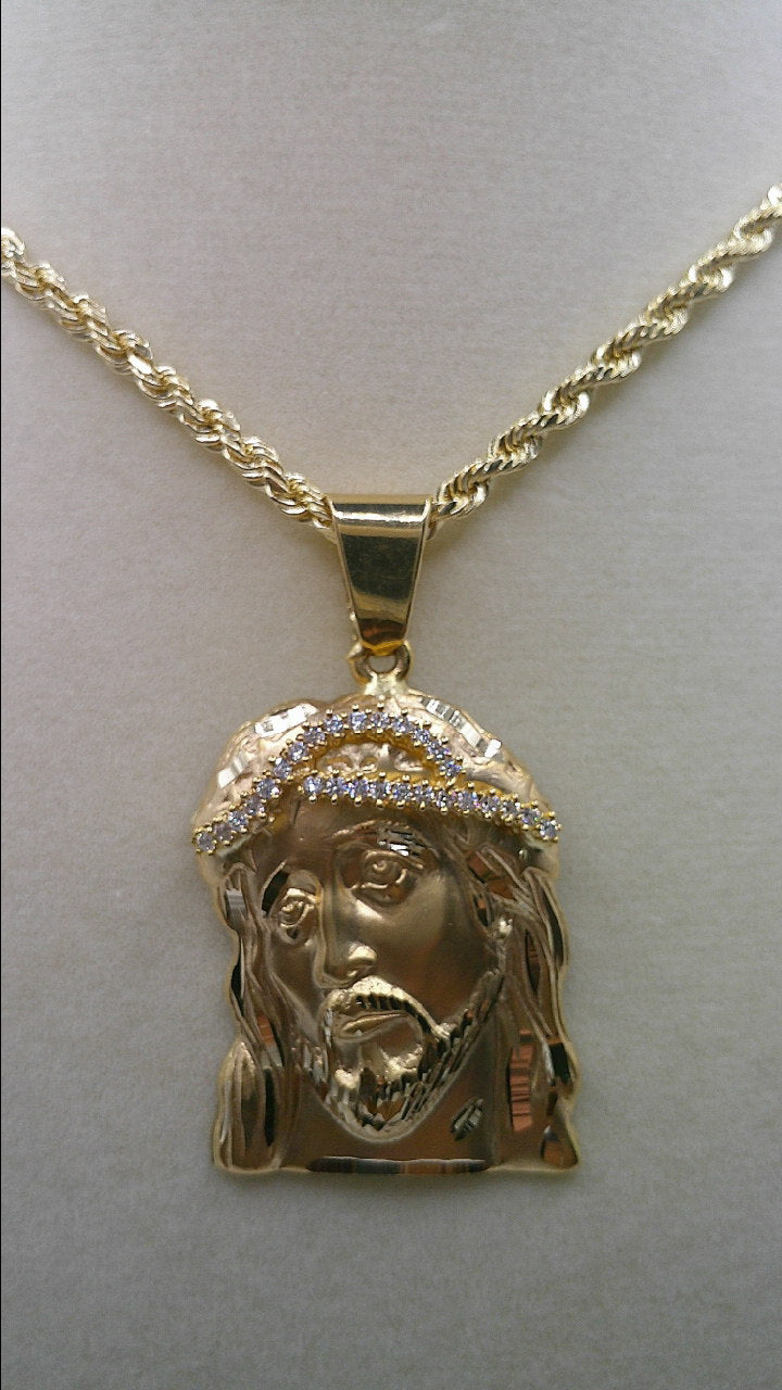 14k gold rope chain with Jesus pendant diamond-set | 24 inches