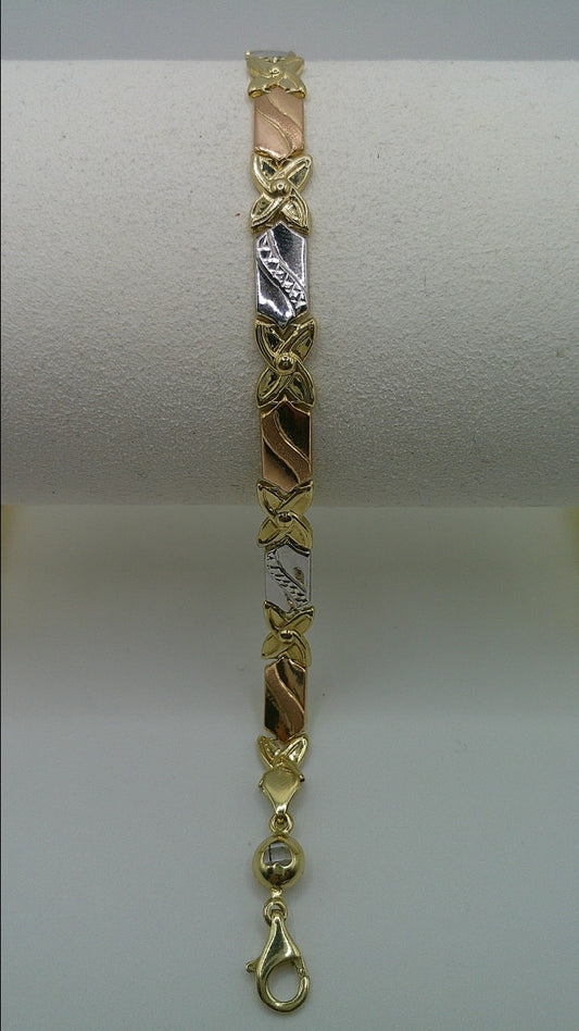 14k gold tri-color XO bracelet | rose gold, yellow gold, white gold | fancy design | 7.25 inches