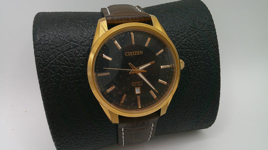 Citizen Watch | Bronze toned stainless steel | black face | Quartz WR 100 | Genuine brown leather