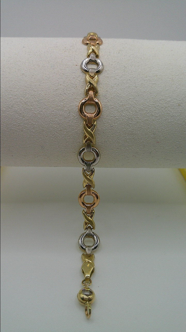 14k gold tri-color open link bracelet | rose gold, yellow gold, white gold | 7.25 inches