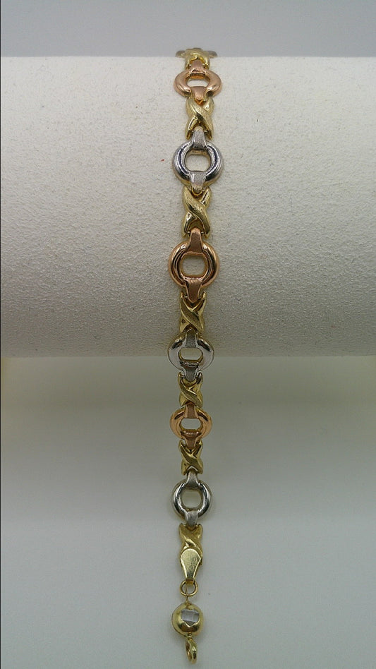 14k gold tri-color open link bracelet | rose gold, yellow gold, white gold | 7.25 inches