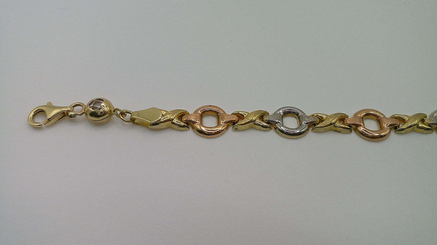 14k gold tri-color open link bracelet | rose gold, yellow gold, white gold | 7.25 inches