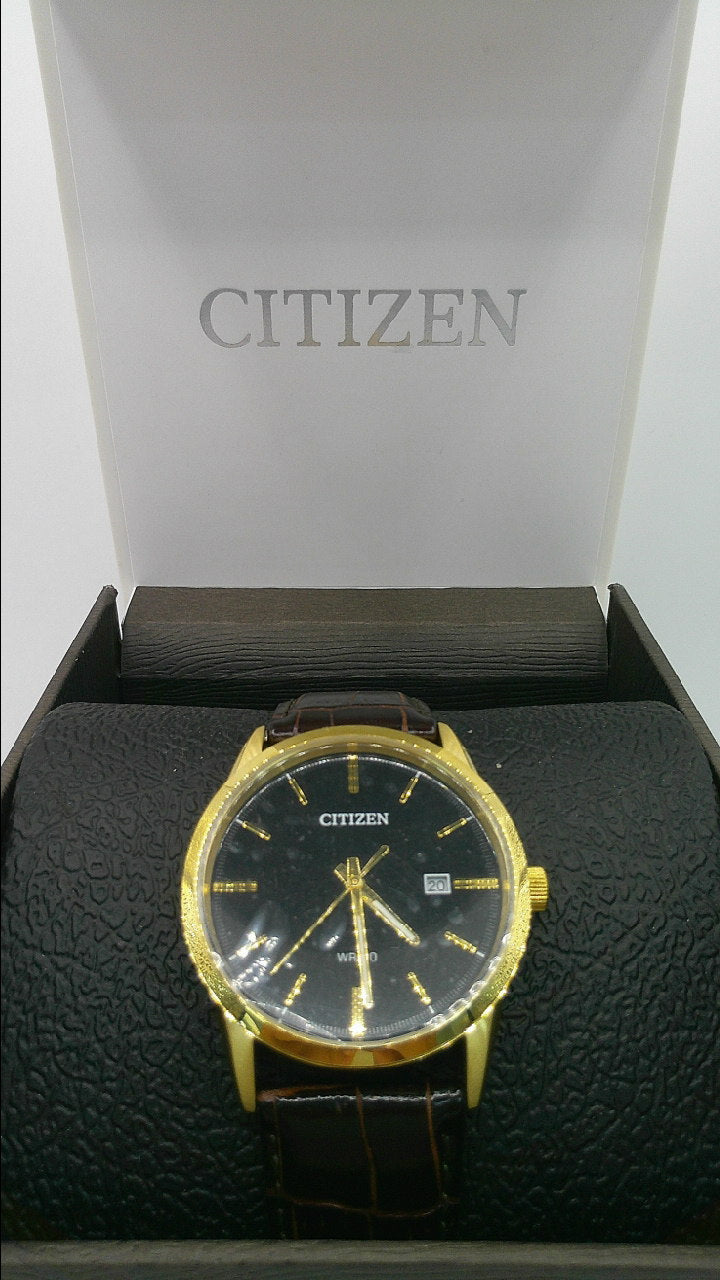 Citizen Watch | Yellow toned stainless steel | black face | WR 50 | genuine brown leather