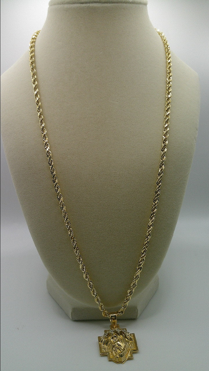 14k gold semi-solid rope chain with Jesus pendant with small diamonds | 24 inches