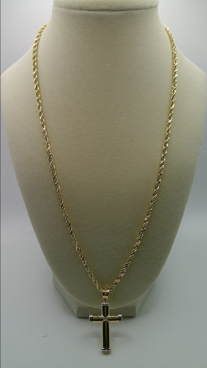 14k gold semi-solid rope chain with two-toned crucifix pendant